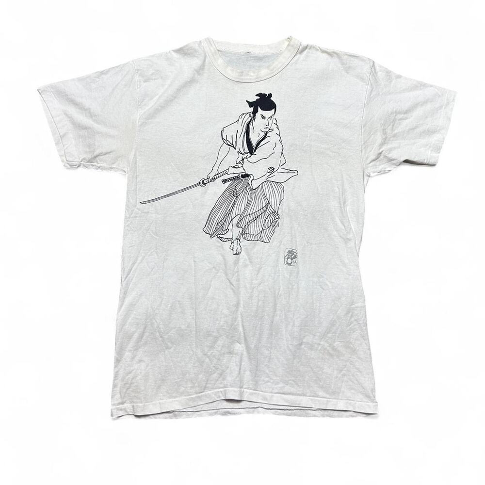 Japan Souvenir Vintage 70s Samurai Graphic White Cotton Tee T-shirt Small